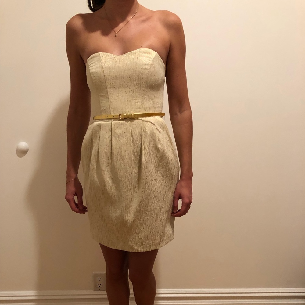 H&M Classy Gold Strapless Cocktail Dress with Belt & Pockets - Size 4 - Picture 3 of 9